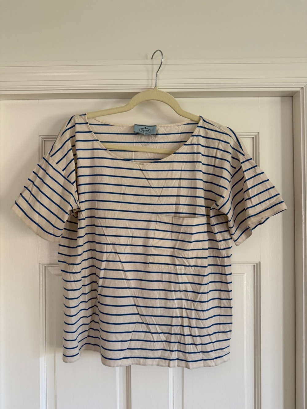 Prada White Tee with Blue Stripes and Logo Tag